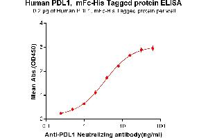 ELISA plate pre-coated by 2 μg/mL (100 μL/well) Human PD-L1, mFc-His tagged protein ABIN6961096, ABIN7042221 and ABIN7042222 can bind Anti- Neutralizing antibody ABIN6964422 and ABIN7272558 in a linear range of 0. (PD-L1 Protein (AA 19-238) (mFc-His Tag))