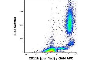Flow cytometry surface staining pattern of human peripheral whole blood stained using anti-human CD11b (MEM-174) purified antibody (concentration in sample 0,3 μg/mL, GAM APC). (CD11b Antikörper)
