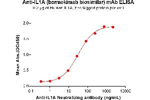 ELISA plate pre-coated by 2 μg/mL (100 μL/well) Human IL1A Protein, hFc Tag (ABIN6964364, ABIN7042809 and ABIN7042810) can bind Anti-IL1A Neutralizing antibody (ABIN7477996 and ABIN7490932) in a linear range of 3. (Rekombinanter IL1A (Bermekimab Biosimilar) Antikörper)