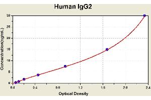 Diagramm of the ELISA kit to detect Human 1 gG2with the optical density on the x-axis and the concentration on the y-axis. (IgG2 ELISA Kit)