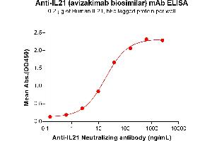 ELISA plate pre-coated by 2 μg/mL (100 μL/well) Human IL21 Protein, hFc Tag (ABIN6964397, ABIN7042851 and ABIN7042852) can bind Anti-IL21 Neutralizing antibody (ABIN7478002 and ABIN7490948) in a linear range of 2. (Rekombinanter IL21 (Avizakimab Biosimilar) Antikörper)
