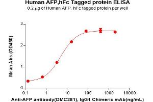 ELISA plate pre-coated by 2 μg/mL (100 μL/well) Human AFP Protein, hFc Tag(ABIN7092671, ABIN7272210 and ABIN7272211) can bind Anti-AFP antibody, IgG1 Chimeric mAb in a linear range of 0. (alpha Fetoprotein Protein (AA 19-609) (Fc Tag))