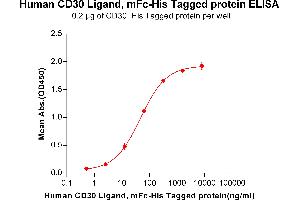 ELISA plate pre-coated by 2 μg/mL (100 μL/well) Human CD30, His tagged protein ABIN6961166, ABIN7042361 and ABIN7042362 can bind Human CD30 Ligand,mFc-His tagged protein(ABIN6961111, ABIN7042251 and ABIN7042252) in a linear range of 2. (TNFSF8 Protein (mFc-His Tag))
