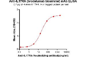 ELISA plate pre-coated by 2 μg/mL (100 μL/well) Human IL17RA, His tagged protein ABIN6961154, ABIN7042337 and ABIN7042338 can bind Anti-IL17RA Neutralizing antibody (ABIN7093057 and ABIN7272587) in a linear range of 3. (Rekombinanter IL17RA (Brodalumab Biosimilar) Antikörper)