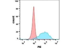 Flow cytometry analysis with Anti-CEA  (DM120) on Expi293 cells transfected with human CEA(Blue histogram) or Expi293 transfected with irrelevant protein (Red histogram). (CEACAM5 Antikörper  (AA 35-685))