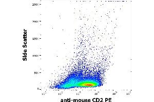 Flow cytometry surface staining pattern of murine splenocyte suspension stained using anti-mouse CD2 (RM2-5) PE antibody (concentration in sample 3 μg/mL). (CD2 Antikörper  (PE))