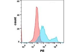 Flow cytometry analysis with Anti-IL-17RA  (DM125) on Expi293 cells transfected with human IL17RA (Blue histogram)or Expi293 transfected with irrelevant protein (Red histogram). (IL17RA Antikörper  (AA 33-320))