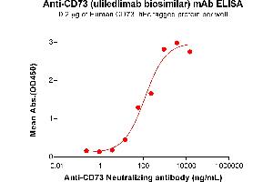 ELISA plate pre-coated by 2 μg/mL (100 μL/well) Human CD73 Protein, hFc Tag (ABIN6964149, ABIN7042505 and ABIN7042506) can bind Anti-CD73 Neutralizing antibody (ABIN7478021 and ABIN7490975) in a linear range of 3. (Rekombinanter CD73 (Uliledlimab Biosimilar) Antikörper)