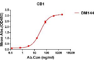 ELISA plate pre-coated by 1 μg/mL (100 μL/well) Human CB1 protein, hFc tagged protein ABIN6964092, ABIN7042439 and ABIN7042440 can bind Rabbit anti-CB1 monoclonal antibody (clone: DM144) in a linear range of 5-200 ng/mL. (CNR1 Antikörper  (AA 1-116))