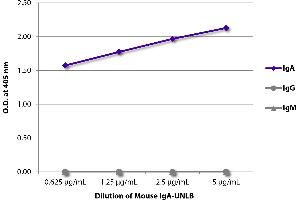 ELISA plate was coated with serially diluted Mouse IgA-UNLB and quantified. (Maus IgA isotype control (PE-Cy7))